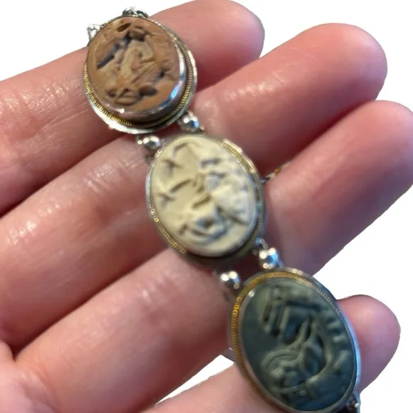 Antique Bracelet Stone Cameo 800 Silver Victorian Lava RARE Seven Days Chariots - Picture 11 of 14